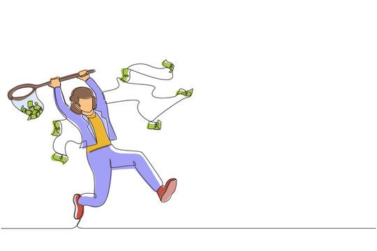 Continuous one line drawing businesswoman trying to catch flying money with butterfly net. Happy running entrepreneur woman using business opportunity to scoop dollar bills. Single line design vector
