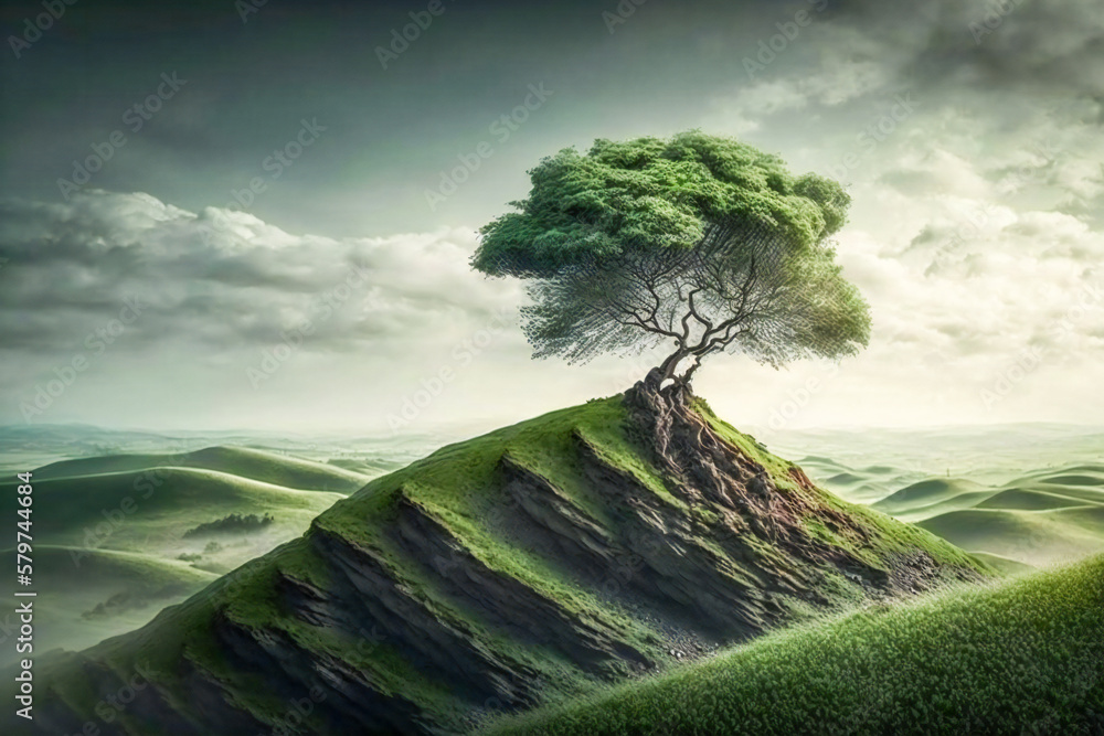 Poster majestic lone tree on the top of a green hill. created with generative ai technology.