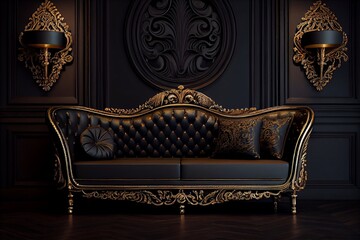 Black gold sofa with a vintage feel against black walls. Generative AI, Generative, AI