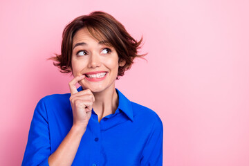 Closeup photo of young nervous business woman biting finger looking empty space guilty forgot turn...