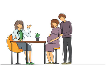 Single one line drawing family expecting child visiting doctor isolated on white background. Physician consulting pregnant woman with husband. Continuous line draw design graphic vector illustration