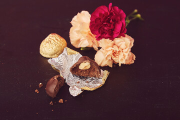 Chocolate bar - nuts candies with flowers aesthetics. Hygge home
