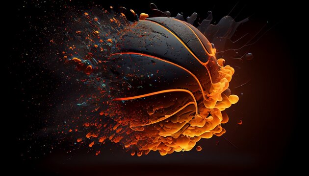 Basketball ball. Conceptual illustration of champion goal, powerful game, exploding. Sport ball bright fire hot colors