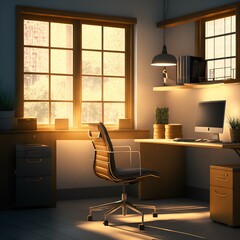 Empty Office with a chair and computer, nice lighting and cozy environment, (generative ai)