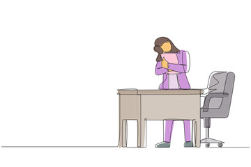 Single one line drawing business woman hugging laptop at office. Love to computer concept. Young emotional female. Human emotions, facial expression concept. Continuous line draw design graphic vector