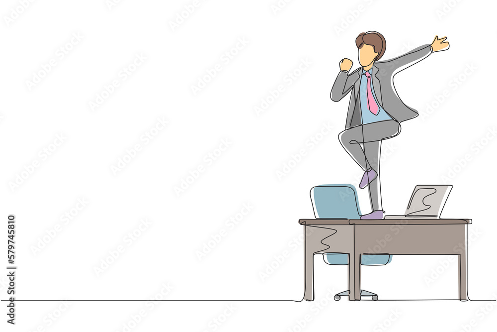 Poster continuous one line drawing happy office worker dancing on desk. young businessman dancing while sit