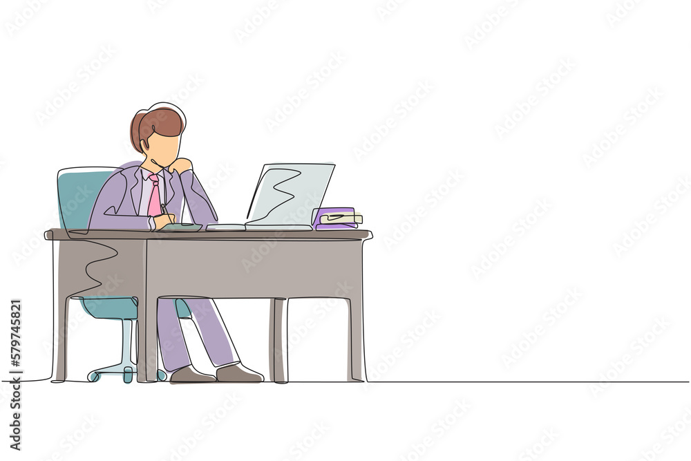 Poster single continuous line drawing businessman writing sitting in front of laptop at table. young male s