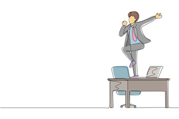 Continuous one line drawing happy office worker dancing on desk. Young businessman dancing while sitting at desk. Having fun at work. Work from home concept. Single line draw design vector graphic