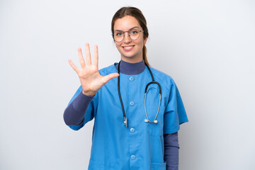 Young caucasian nurse woman isolated on white background counting five with fingers