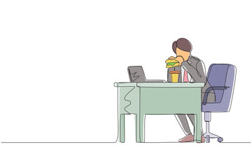 Fototapeta premium Single continuous line drawing fat obese man using laptop eating burger fast food unhealthy lifestyle concept overweight male freelancer sitting at workplace full length. One line draw design vector