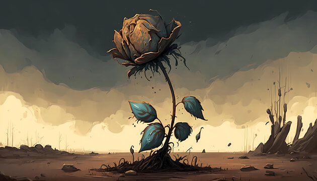 A wilted flower symbolize depression. digital art illustration. Generative AI
