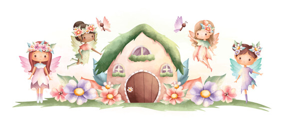 Watercolor illustration Flower fairy and little house - obrazy, fototapety, plakaty