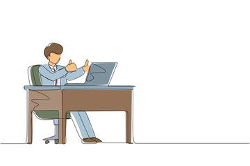 Single continuous line drawing businessman giving good sign in front of computer. Male manager in suit operating PC while doing thumbs-up sign. Happy employee concept. One line graphic design vector