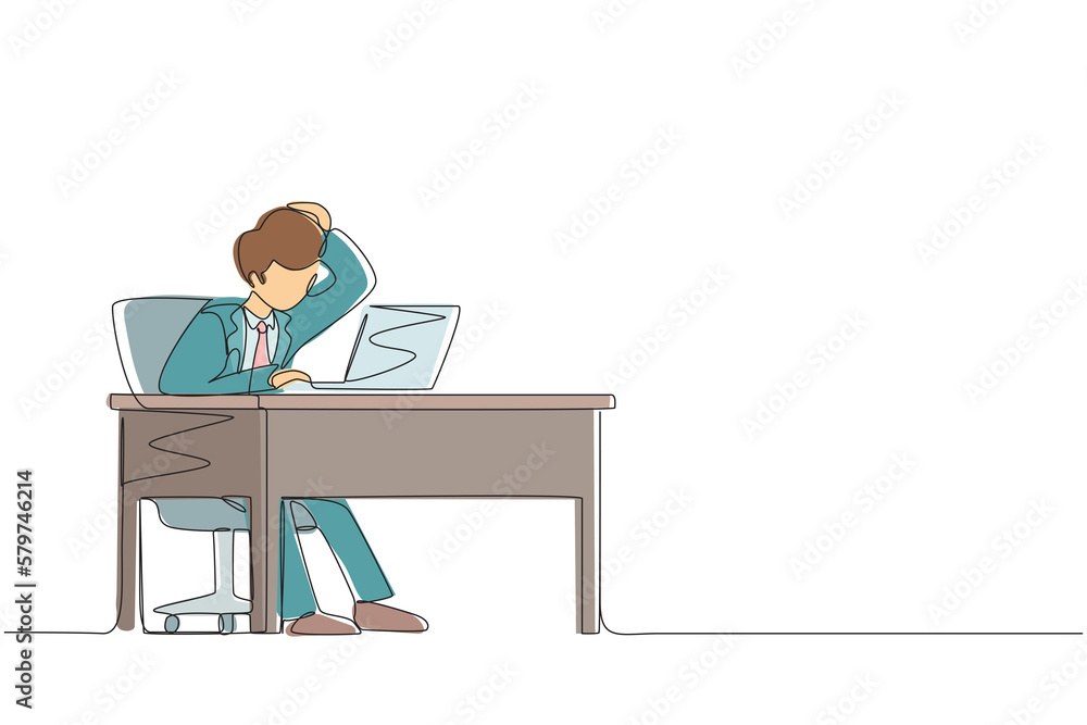 Poster continuous one line drawing male manager working on computer laptop. businessman with question mark 