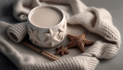 Obraz na płótnie Canvas Coffee cup surrounded by cinnamon sticks, star anise and war woolen clothing.