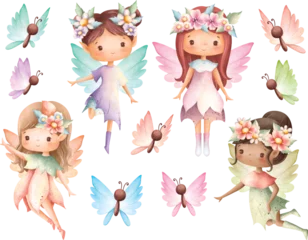 Fotobehang Watercolor illustration set of Flower fairy and butterfly © Stella