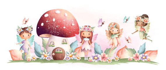 Watercolor illustration Flower fairy and mushroom house - obrazy, fototapety, plakaty