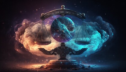 Libra zodiac sign is depicted against a space nebula background in astrology - obrazy, fototapety, plakaty