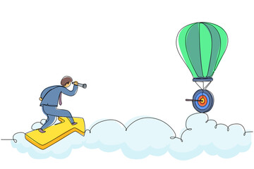 Single one line drawing male employee fly on arrow and using monocular to see business vision on hot air balloon. Business finance goal concept. Continuous line draw design graphic vector illustration