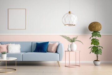 Delicate Charm: A Cozy Living Room with Soft White and Pink Walls and Warm Wooden Floors AI Generated