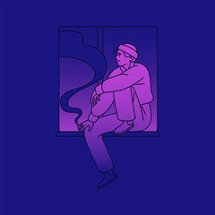 Sad unhappy person smoking and looking out window. Upset depressed character in despair, feeling loneliness, thinking. Psychology problem, crisis, trouble, sadness concept. Flat vector illustration