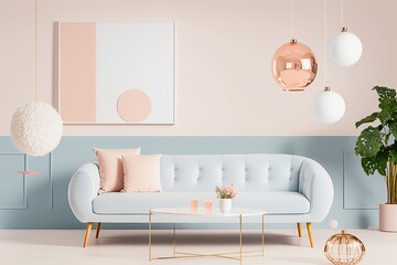 Delicate Charm: A Cozy Living Room with Soft White and Pink Walls and Warm Wooden Floors AI Generated