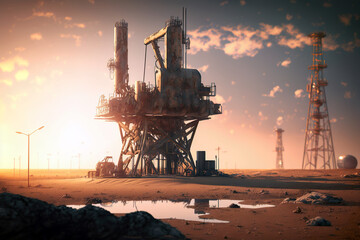 Oil pump and oil refinery at sunset. Energy industry concept. Ai generated illustration.