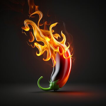 Hot chili pepper on fire on black background.