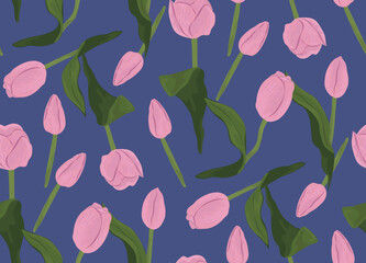 Background with pink tulips on blue background. Vintage seamless pattern of pink spring flowers.