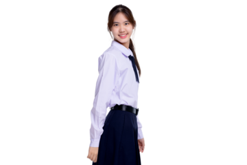 Happy pretty Asian student girl in school uniform isolated on transparent background, PNG file format.