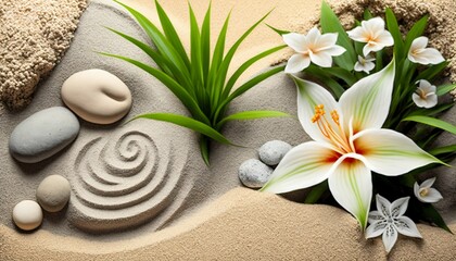 Fototapeta na wymiar Spa still life with flowers, sand and zen stone. Generative AI