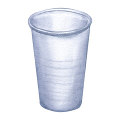 Plastic trash. Disposable white cups. Hand-drawn watercolor illustration isolated on white background. For ecology card, Earth day, save the ocean