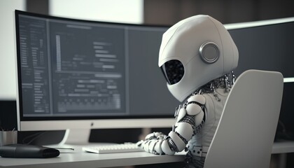 A white AI robot assistant mascot working in front of a computer screen. White office in the background. Generative AI