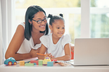 Mother laptop, teaching and learning girl with homework in the room. Mom and kid smile with...