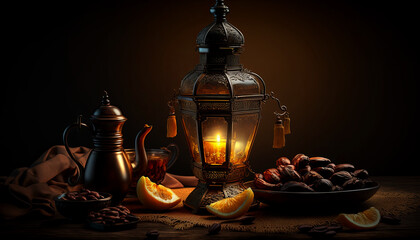 Ramadan iftars marks the end of fasting. Table with dates, Oriental food and sweets. Eid mubarak.