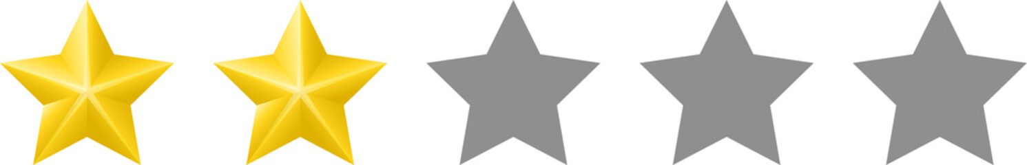 Two star review rating. Website product review stars. Rating Stars. 1 star customer product rating. Bad, low rating. Flat icon for apps and site. 