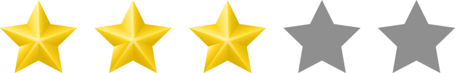 Three star review rating.  Website product review stars. Rating Stars. 3 stars customer product rating.  Flat icon for apps and site