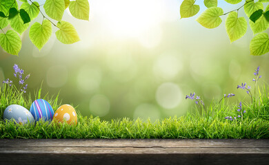 Three painted easter eggs celebrating a Happy Easter on a spring day with a green grass meadow, bright sunlight, tree leaves and a background with copy space and a wooden bench to display products.
