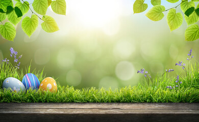 Three painted easter eggs celebrating a Happy Easter on a spring day with a green grass meadow,...