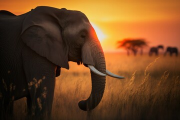 Fototapeta na wymiar Elephant under the sunset in the African savanna