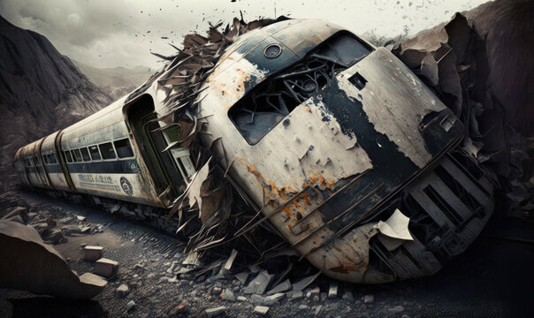 train derailment and accident with train wagons broken. generative ai