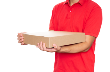 Closeup delivery man carrying a parcel box