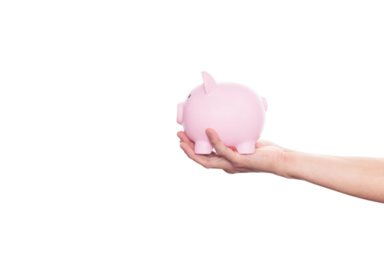 Man holding pink piggy bank.