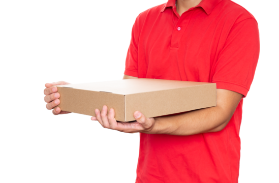Closeup delivery man carrying a parcel box