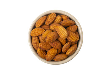 Dry roasted Almonds in wooden bowl isolated on white background with clipping path.Top view