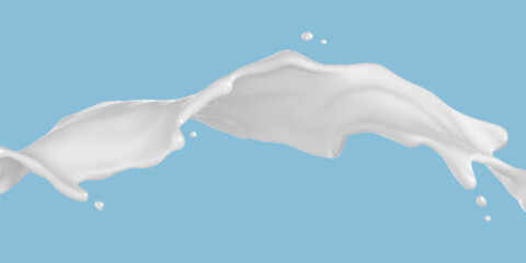 Milk or yogurt splash flow isolated on blue background. Vector realistic illustration