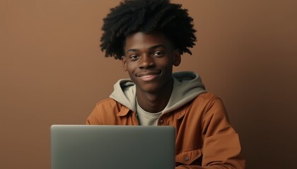 Young African American student boy with laptop and smiling. isolated against a plain background.