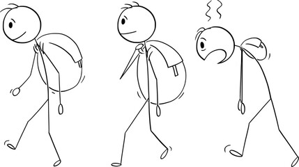 Exhausted Person in Bad Shape on Trip , Vector Cartoon Stick Figure Illustration