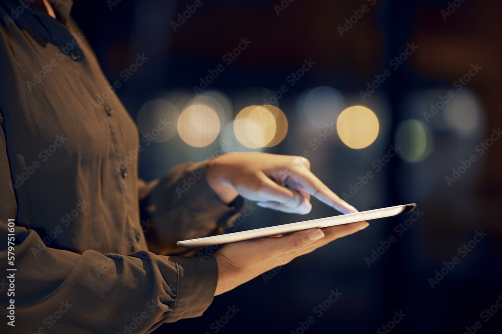 Poster tablet scroll, hands and night woman typing data analysis, business feedback report or customer expe