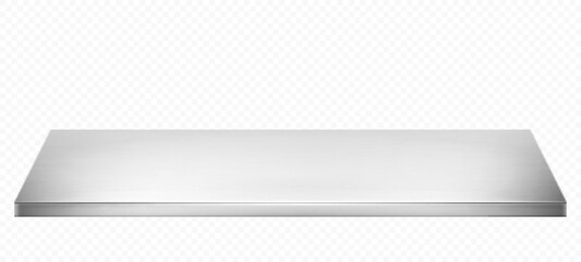 Metal kitchen tabletop isolated on transparent background. Steel table or countertop. Realistic vector illustration